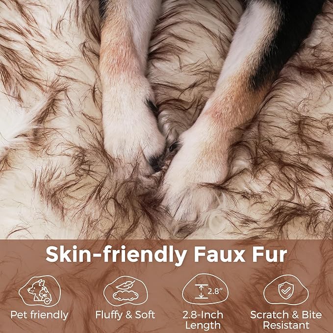 50 Inch Faux Fur Dog Bed for Large/Medium Dogs Orthopedic Beds with Fluffy Faux Fur & Soft Memory Foam for Joint Pain Relief, Machine Washable and Waterproof Dog Couch Beds White with Brown