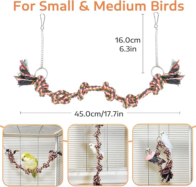 Bird Rope Perch & Swing Toy, Sturdy Knotted Parrot Cotton Rope with Chains, Parakeet Swing Perch Bird Cage Accessories Toy, No Sharp Wires for Budgie Cockatiel Safe Claw and Balance Training