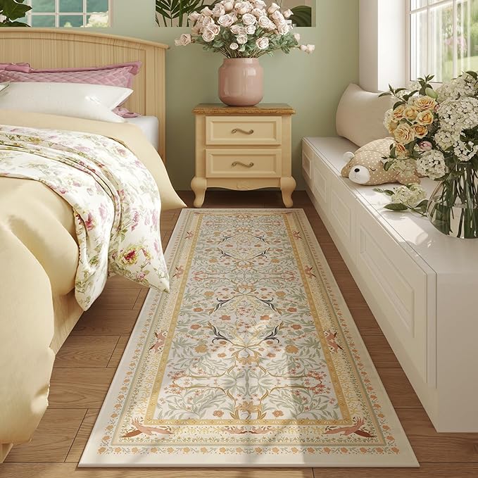 Runner Rug for Kitchen Rug Non Slip 2'x6' Washable Rugs with Rubber Backing Soft Vintage Floral Botanical Carpet Runner for Kitchen, Laundry, Bedroom, Bathroom, Yellow