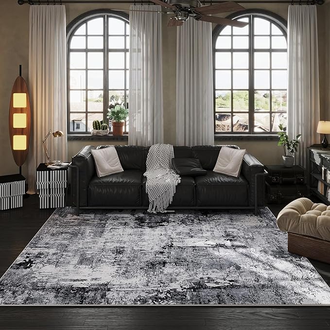 9x12 Rug Washable Boho Rug Soft Large Area Rug Non-Slip Non-Shedding Faux Wool Vintage Rug for Living Room, Farmhouse, Dining Room, Indoor, Kids Playroom, Grey and Black