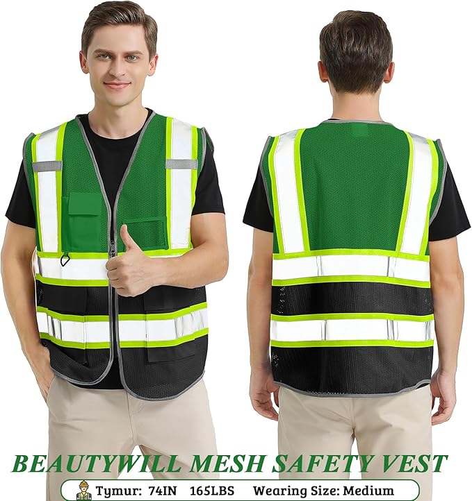 BeautyWill Custom Safety Vest Customized Logo Mesh Vest Class2 High Visibility Reflective Vest with Pockets Workwear（Green Black，XXL ）