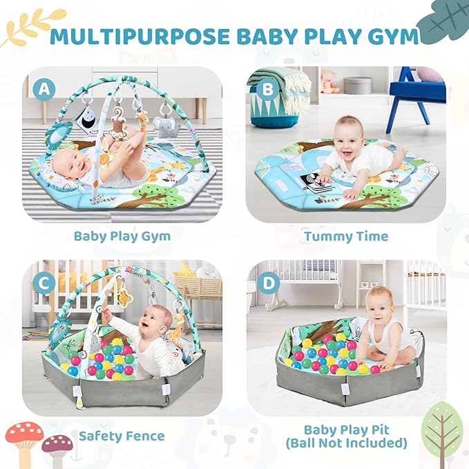 Baby Gym Play Mat, 8-in-1 Tummy Time Mat & Ball Pit with 6 Toys, Washable Baby Activity Play Mat for Visual, Hearing, Sensory, Motor Development, Baby Toys Gift for Toddler Infant 0-3-6-9-12 Months