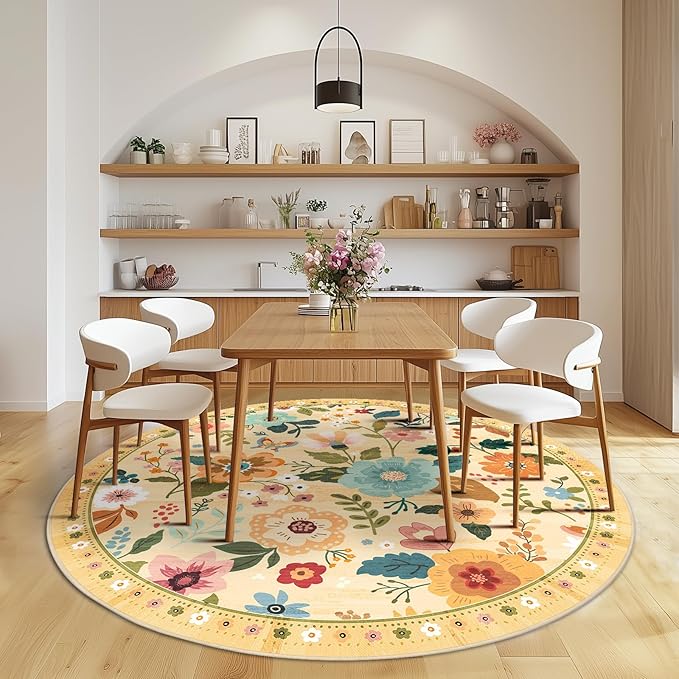 Floral 4ft Area Rug Machine Washable Soft Print Boho Carpet Non Slip Doormat Low Pile Flower Area Rugs for Living Room Bedroom Nursery Kitchen Dining Room Indoor-Ivory/Yellow