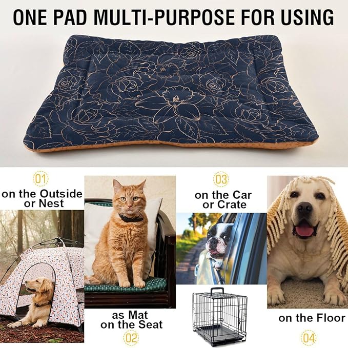 Pet Bed Dark Blue Floral Dog Bed Mat Absorbing Non Slip Pad Pet Sleeping Mat for Small, Medium, and Large Dogs Puppy Cat 36 in x 24 in