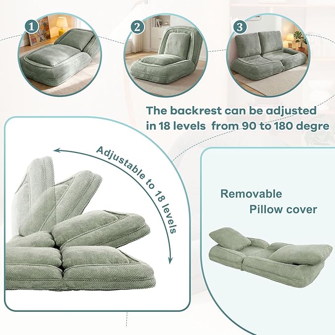 Human Dog Bed for Adults & Pets, 5-Position Adjustable Floor Chair, Convertible Lazy Sofa Bed with Metal Frame & 2 Pillows, Plush Gaming Lounge for Living Room Bedroom Office (Green)