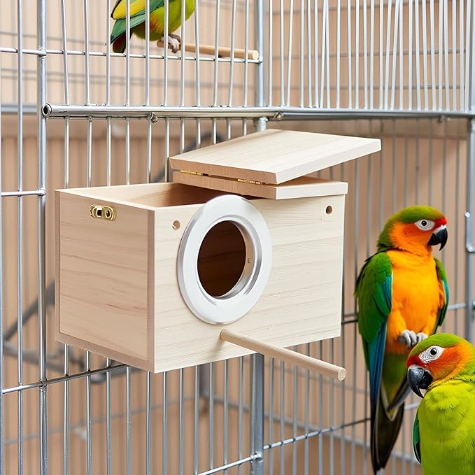 Parakeet Nesting Box, 7.87 X 4.72 X 4.72 inch Bird Nest Breeding Box with Perch Parrot Mating Box Wood Bird House Aviary for cage (S Horizontal Wood)