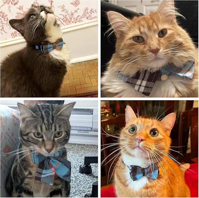 Cat Collar with Bells Breakaway, Bowtie Cat Collar for Boy Girl Cats with Removable Shirt Collar, Cute Plaid Kitten Collar with Bell & Pendant Adjustable, 2 Pack Blue Cat Necklace for Cat Pet
