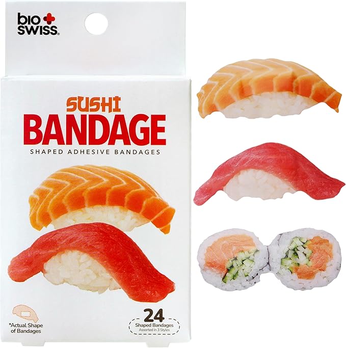 BioSwiss Bandages, Sushi Shaped Self Adhesive Bandage, Latex Free Sterile Wound Care, Fun First Aid Kit Supplies for Kids and Adults, 24 Count