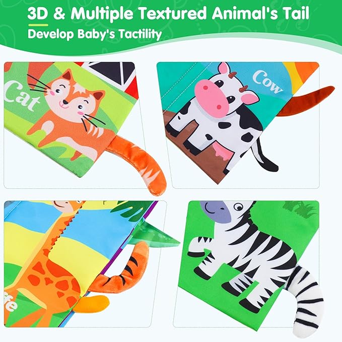Baby Soft Cloth Crinkle Books Early Education Interactive Stroller Car Seat Sensory Toys with Tails Newborn Development Gifts for 0-6 Months Infants Toddler Baby Boys Girls(Jungle & Farm)