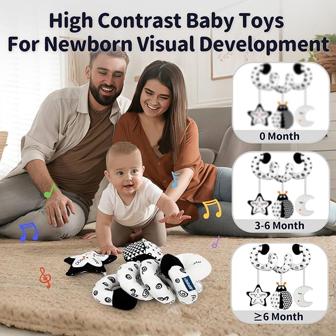 Car Seat Toys for Babies 0-6 Months,Hanging Rattle Toys for Crib Mobile, Baby Spiral Hanging Stroller Black and White High Contrast Toys for Newborn 0 3 6 9 12 Months Baby Boys Girls (Bug)