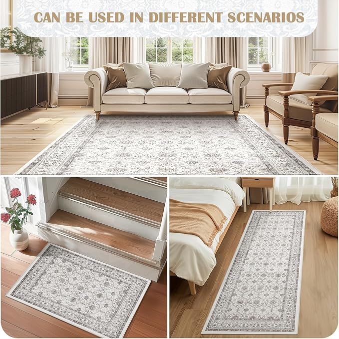 jinchan Hallway Runner Rug 3x7 - Machine Washable Beige Vintage Floral Distressed Design Soft Non-Slip Low-Pile Ultra-Thin Runner Rug for Kitchen Laundry Room Bedroom Farmhouse (3‘x7',Beige)