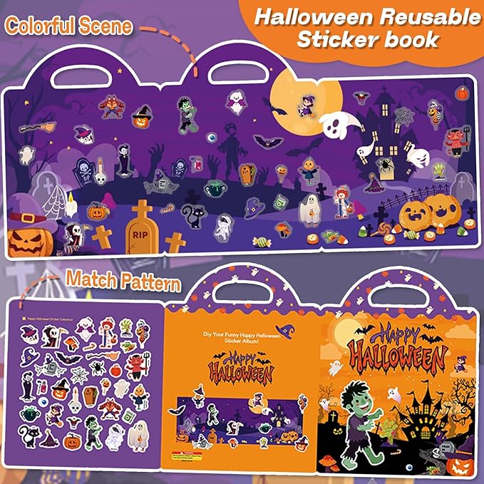 2 Set Halloween Reusable Sticker Books for Toddlers 3+, Halloween Stickers for Kids, Sticker Book for Toddlers 3+ Years, Halloweens Gifts for Kids Girls Boys