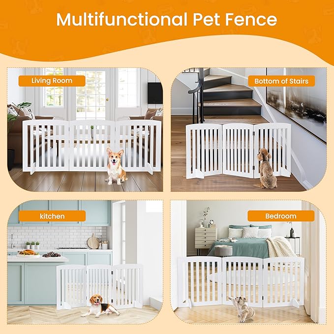 ZENY 24 Inch Pet Dog Gate, Foldable Freestanding Dog Door 3 Panel, White Wooden Z Shape Step Over Pet Fence for Entryway, Stairs, Doorway, White
