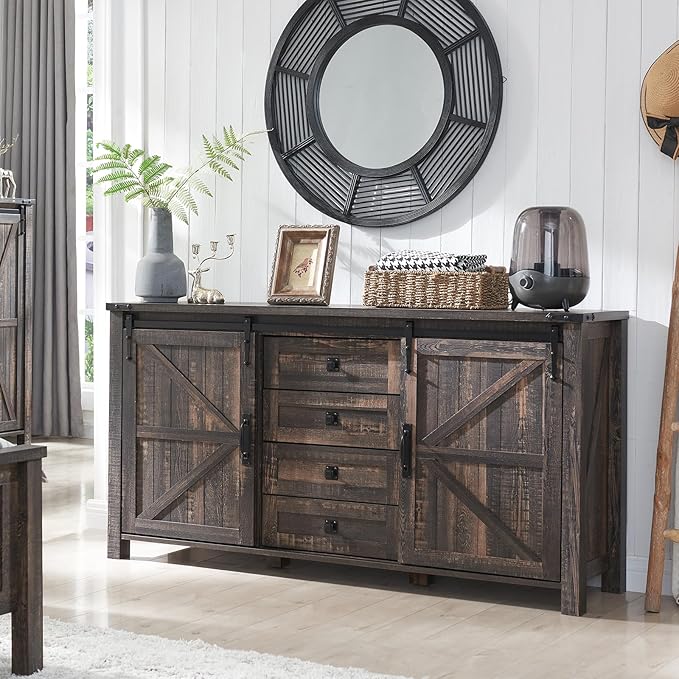 T4TREAM 60'' Farmhouse Dresser Chests for Bedroom w/4 Drawers & Sliding Barn Doors, Wide Dresser TV Stand, Tall Chest of Drawers, Rustic Dresser Organizer for Bedroom, Living Room, Dark Rustic Oak