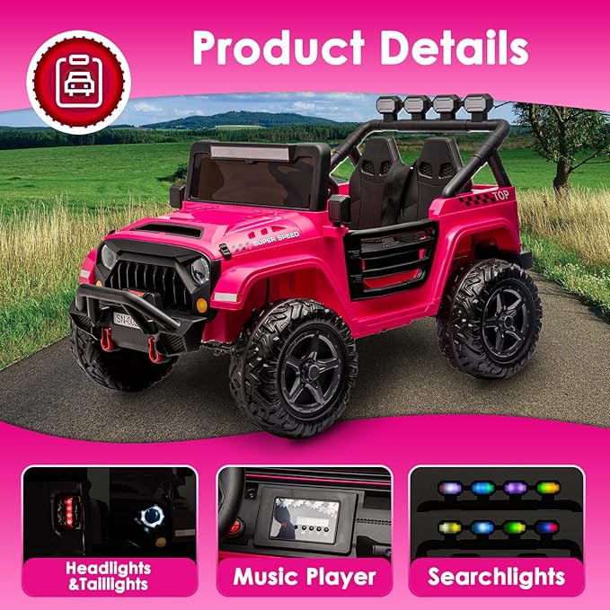 24V 2 Seater Ride On Truck with Remote Control 4WD Electric Car for Kids Ride On Car Battery Powered Ride On Toy Car with Music Player, LED Lights, Bluetooth, Rear Shock Absorber, Hot Pink