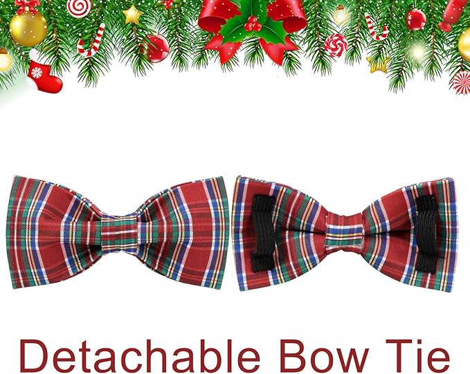 Christmas Plaid Dog Collar with Bow, Red and Blue Check Adjustable Pet Collar with Quick Release, Christmas Stripes Bowtie Collar for Small Medium Large Dogs XS