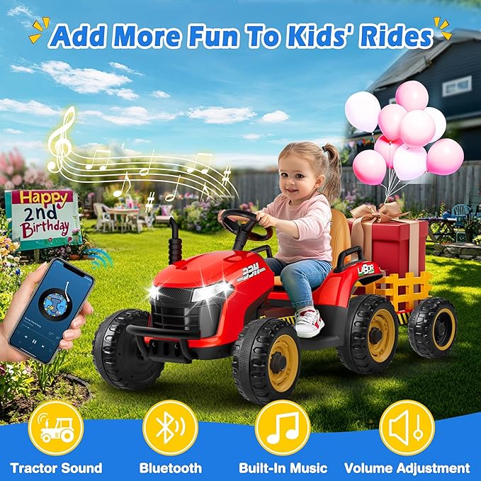 24V Ride On Tractor w/Tiltable & Detachable Trailer, 2x65W Motors, EVA Tires, Remote Control, Bluetooth, Shifter, Music, Electric Car for Kids Ages 2-5, Red