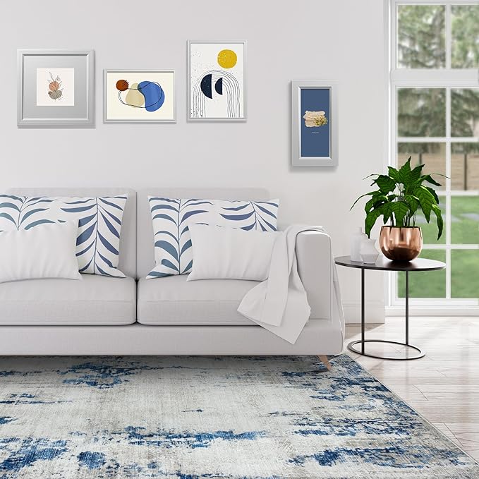 6x9 Area Rugs for Living Room Rug Washable: Modern Rug for Dining Room Bedroom Carpet Non Slip Low Pile 6 by 9 Indoor Abstract Nursery Home Office Blue White