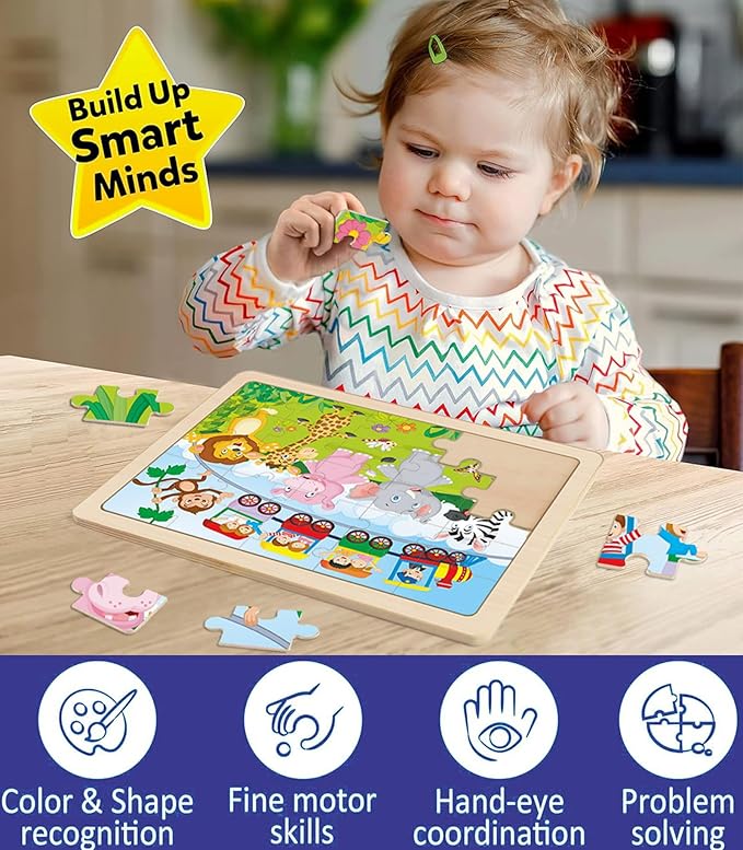 Wooden Puzzles for Kids Ages 4-6, 4 PCs 24 Animals Cars Farm Dinosaur World Jigsaw Puzzles, Preschool Educational Brain Teaser Toys for 3 4 5 6 7 8 Years Old