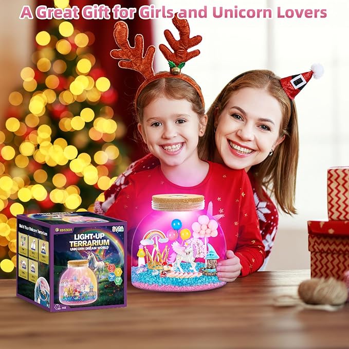Unicorn Light Up Terrarium for Girls – DIY Garden Craft with LED | STEM Kit, Arts & Crafts Gift for Kids Ages 4-8 by Ednzion