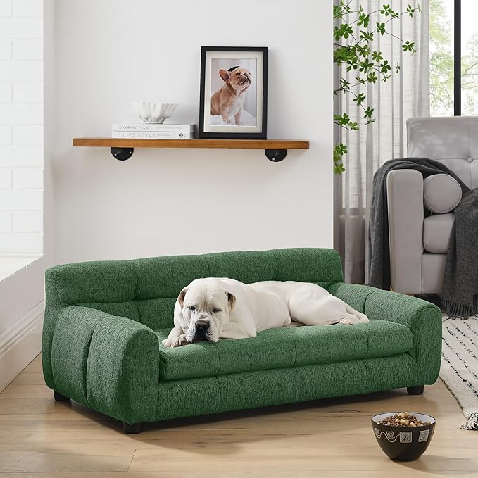 38" Dog Couch Bed for Large with Backrest and Armrest, Modern Pet Bed Comfortable Dog Couch for Medium and Large Dogs, Linen Fabric (Green)