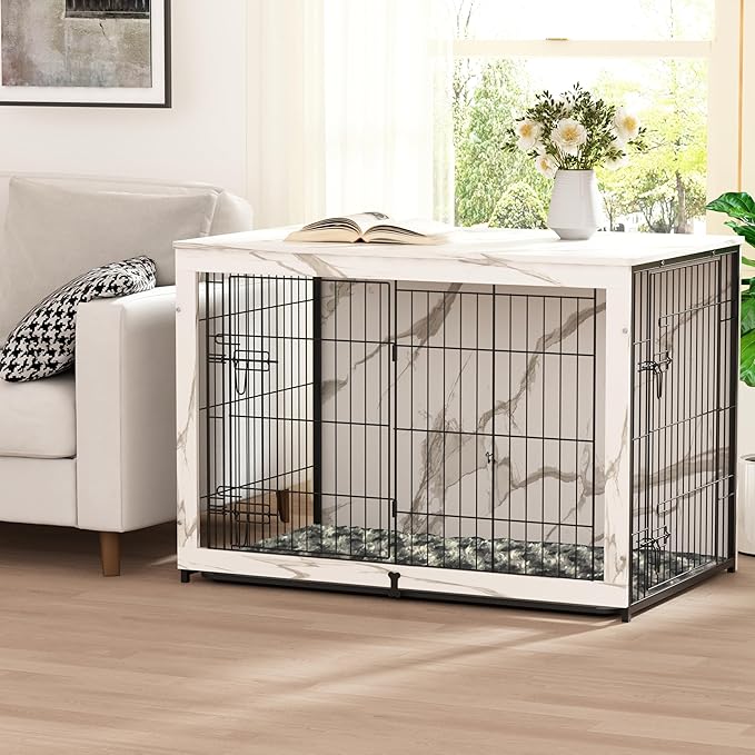 Megidok Wooden Dog Crate Furniture with Cushion,Large Dog Crate End Table with Tray, Double Doors Kennels Indoor (43.1" L*28.6" W*30.3" H, Marble White)