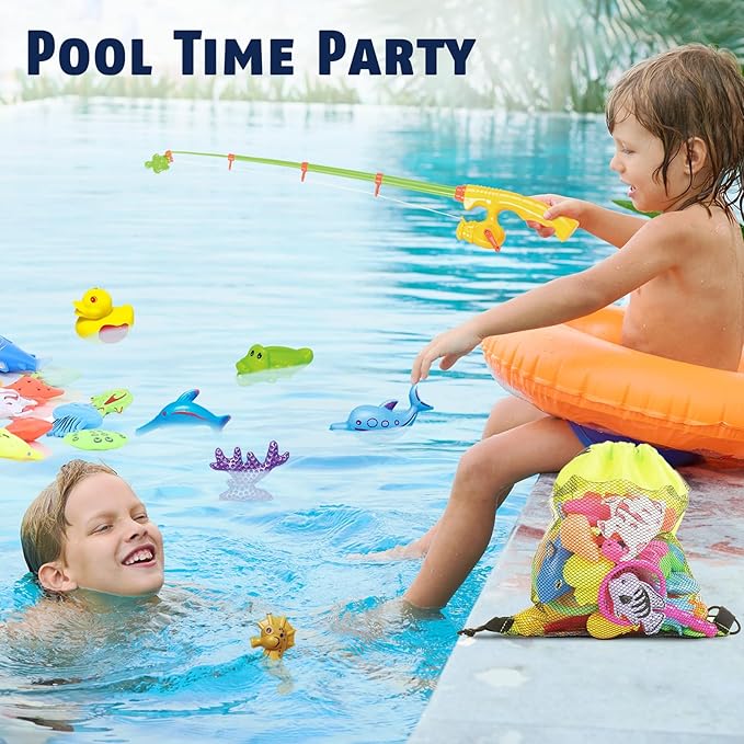 CozyBomB™ Magnetic Fishing Toys Game Set for Kids | Water Table Bathtub Kiddie Pool Party & Pole Rod Net, Plastic Floating Fish Toddler Color Ocean Sea Animals Birthday Age 3 4 5 6 Year