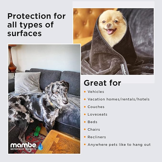 Mambe Non-Slip Pet Blanket Large, Charcoal and Silver - Soft and Silky Waterproof Throw - Machine Washable Fleece - for Protecting Furniture from Stains - for Dog and Pet Fur