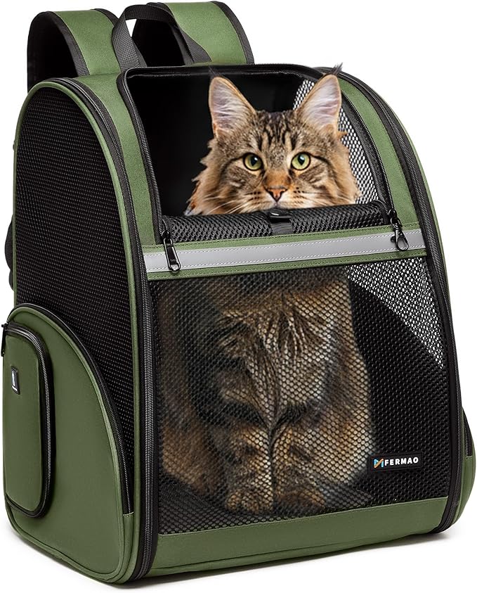 Pet Backpack Carrier, Large Cat Carrier Backpack Up to 20 Lbs with Breathable Mesh, for Medium Large Cats or Small Dogs, Travel Hiking Camping Backpack (DarkGreen-XL)