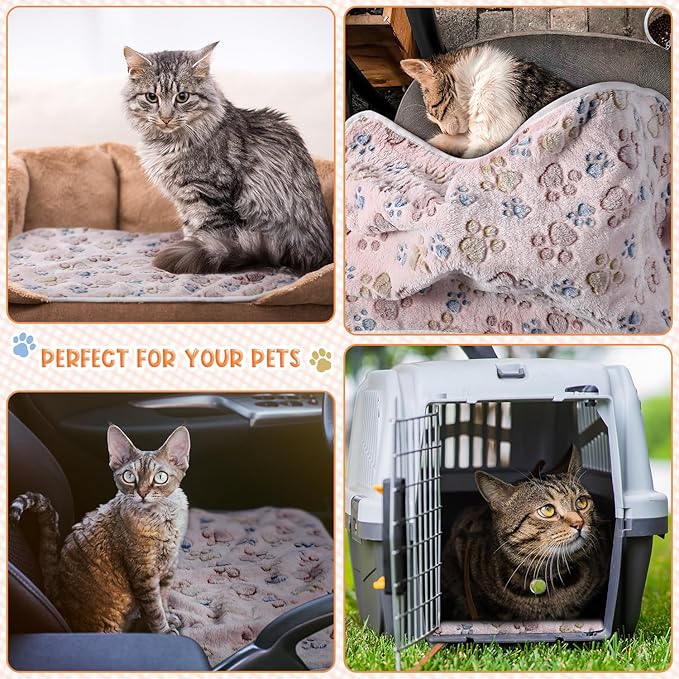 Tatuo 4 Pcs Dog Blanket for Pet Cat Blankets Indoor Puppy Teething Stuff Toys Paw Print Fleece Soft Blanket Sleep Mat for Guinea Pig Cage(Beige,Small(24 x 16 Inch),Square)