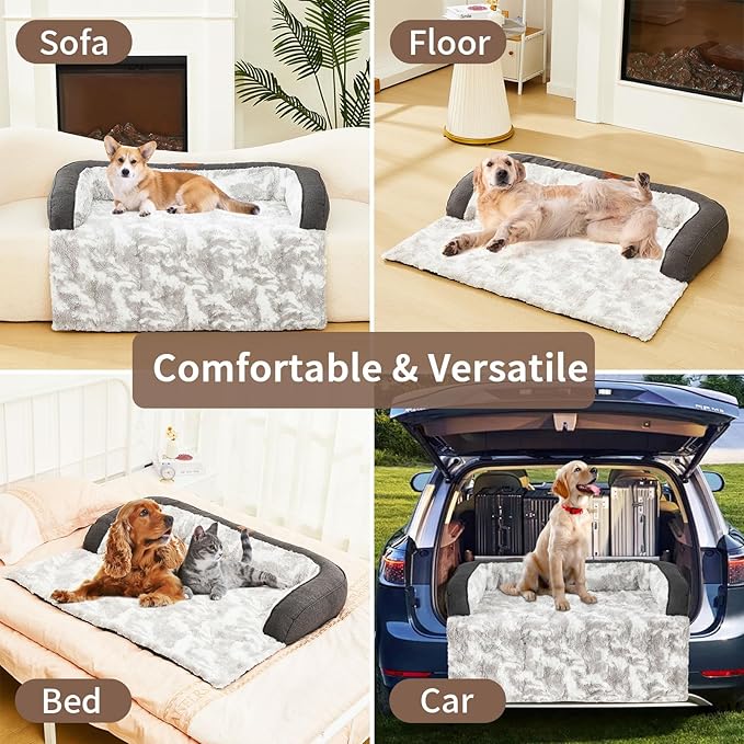 Dog Couch Bed for Large Dogs Cats Fluffy Calming Dog Bed Mat Washable Pet Couch Covers Protector for Sofa Removable Pet Sofa Beds for Bedroom with Anti-Slip Waterproof Back 45x37 Inch XL Size (Grey)