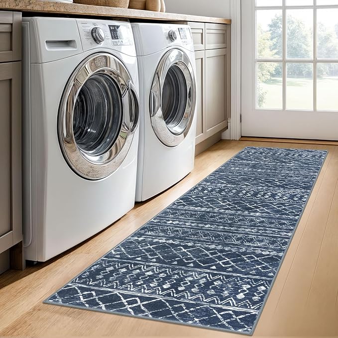 KUTA Moroccan Washable Hallway Runner Rug, 2x6 Non-Slip Vintage Navy Blue Boho
