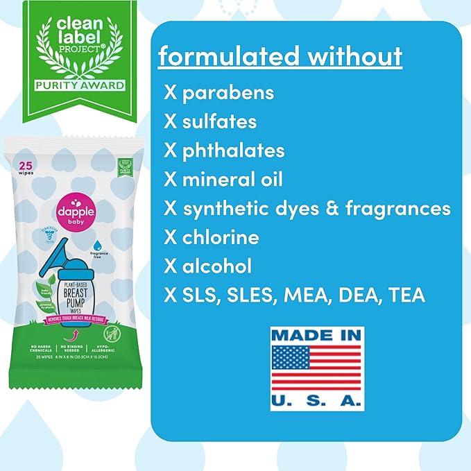 Breast Pump Wipes by Dapple Baby, Hypoallergenic & Powered by Plants, Removes Milk Residue, Leaves No Taste, Convenient Wipes Pouch, Fragrance Free, 25 Count (Pack of 1)