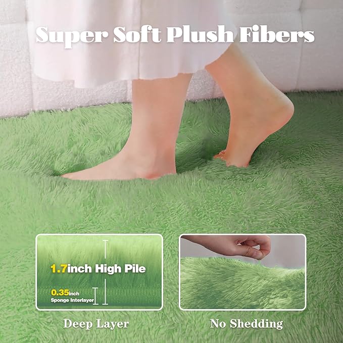 2x6 Runner Rug for Bedroom: Fluffy Shag Soft Washable Rugs Small Fuzzy Plush Indoor Carpet for Hallway Bedside Dorm Kids Girls Boys Room (Sage Green, 2'x6')