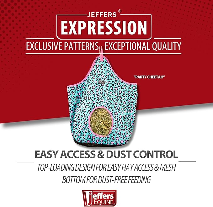 Jeffers Expression Top Loading Hay Bag for Horses & Livestock – Durable 600 Denier, Water Resistant Hay Feeder with Mesh Bottom for Stall, Trailer & Travel – Horse Feeding Supplies - Party Cheetah