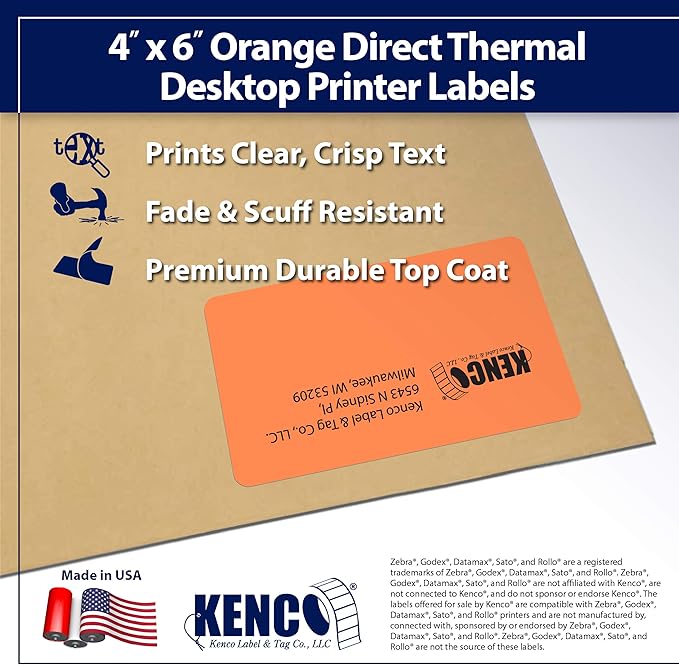 4" X 6" Direct Thermal Perforated Stickers Labels for Shipping Labels, Inventory, and Color Coding - Compatible with Zebra, Rollo, Godex and More (Orange, 1 Roll)