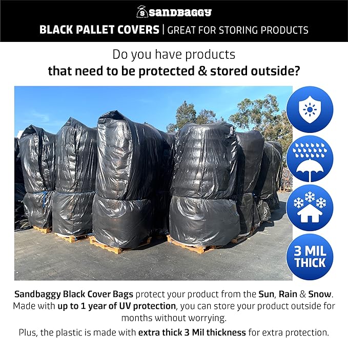 Sandbaggy Black Pallet Covers | Made in USA | Tarp Fits Large Pallets Up to 55" x 55" x 75" | Built w/ 1 Year UV Protection | Heavy Duty 3 Mil Thick Plastic (Pack of 25, 3 Mil Thick)