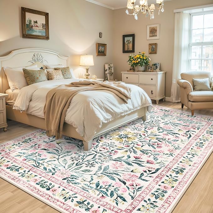 8x10 Area Rugs for Living Room: Floral Washable Rug Vintage Large Soft Boho Non-Slip Carpet Indoor Stain Resistant Low Pile Carpets for Bedroom Dining Room Farmhouse Nursery Home Office Pink Green