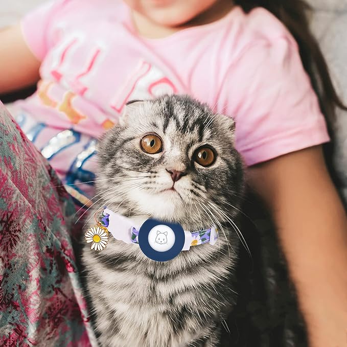 Airtag Cat Collar, JXFUKAL Kitten Collar Breakaway with Silicone Airtag Holder, Bells & Flower Charm for Girl Cats Boy Cats Small Dogs(Blue)