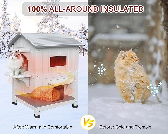 Rockever Plastic Outdoor Cat House with Soft Mat, Insulated Outdoor Cat Houses for Winter, Waterproof 2 Story Outside Cat Shelter, Clean and Assemble Easily