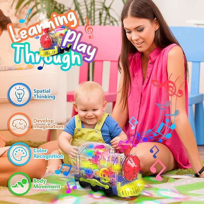 Kizeefun Light Up Train Toy for Toddlers: Transparent Gear Car Toy for Kids with Cool Light and Music Educational Crawling Toys for Baby Boys and Girls