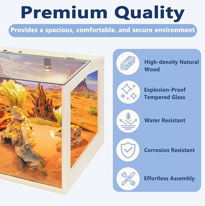PROLEE Bearded Dragon Tank,Lizard Tank with Clear Tempered Glass Roof,Anti-Scratch Reptile Enclosure, Snake Tank and Reptile Tank,Built-in Light Fixtures with Switch (65 Gallons)