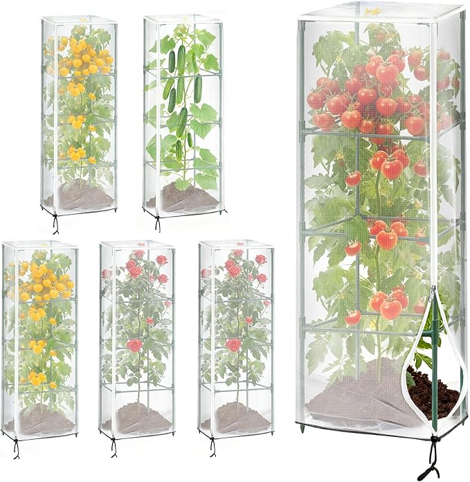 6 Pack 16.9 * 16.9 * 47.2inch Plant Cover for Square Tomato Cage,Tomato Trellis Mesh Netting Covers with Zipper Drawstring Bird Netting for Garden Protection