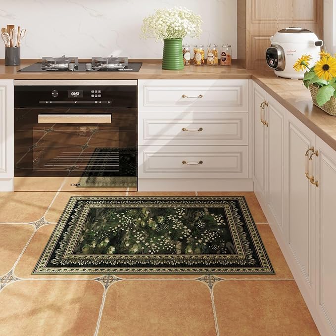 2x3 Rug Impressionist-Style Vintage Indoor Door Mat Machine Washable Small Area Rug Non-Slip Low Pile Throw Rugs for Entryway Kitchen Front Door Indoor Entrance Entry Kids Room, Green