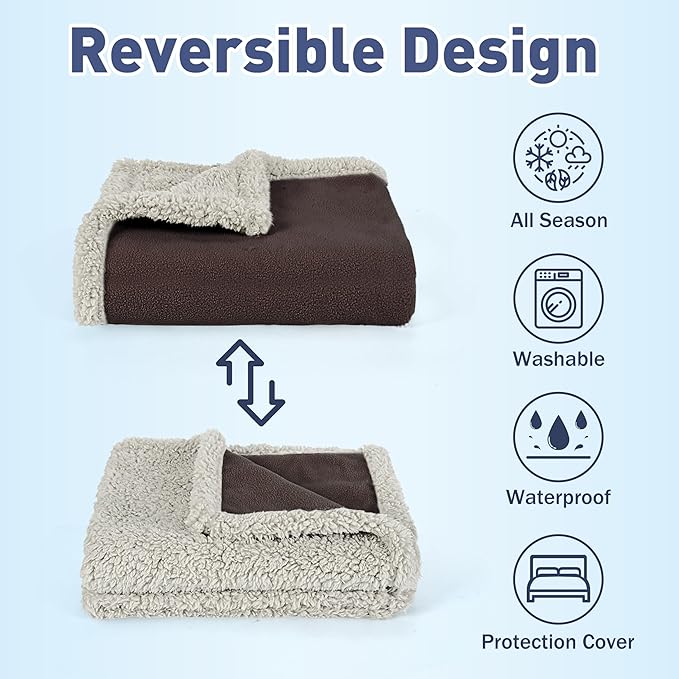 Kritter Planet Waterproof Pet Blanket for Bed, Reversible Sherpa Fleece Protector Couch Sofa Cover, Liquid Proof Furniture Protector for Medium Large Dogs