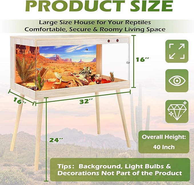 Royxen Tempered Glass Bearded Dragon Tank,33 Gallon Reptile Tank with Leg Stand,Built-in Lighting Reptile Enclosure Scartch-Proof Bearded Dragon Encloure for Chameleon,Snake,Lizard(Oak,32"x 16"x 16")