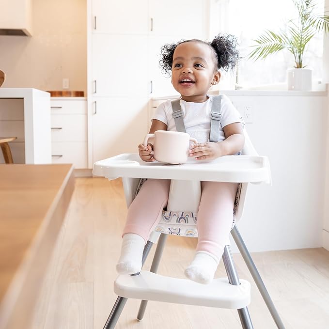 Regalo High Chair with Rainbow Seat Pad for Babies and Toddlers, Award Winning Brand, Removable Oversized Tray with Cup Holder, Five Point Harness, White