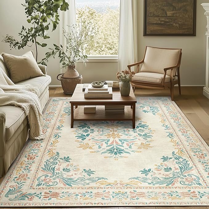 jinchan Floral 4x6 Area Rugs for Nursery - Machine Washable Vintage Distressed Design Soft Ultra-Thin Low-Pile Non-Slip Kids Carpet for Bedroom Living Room Dining Room Home Office (4x6ft,Apricot)