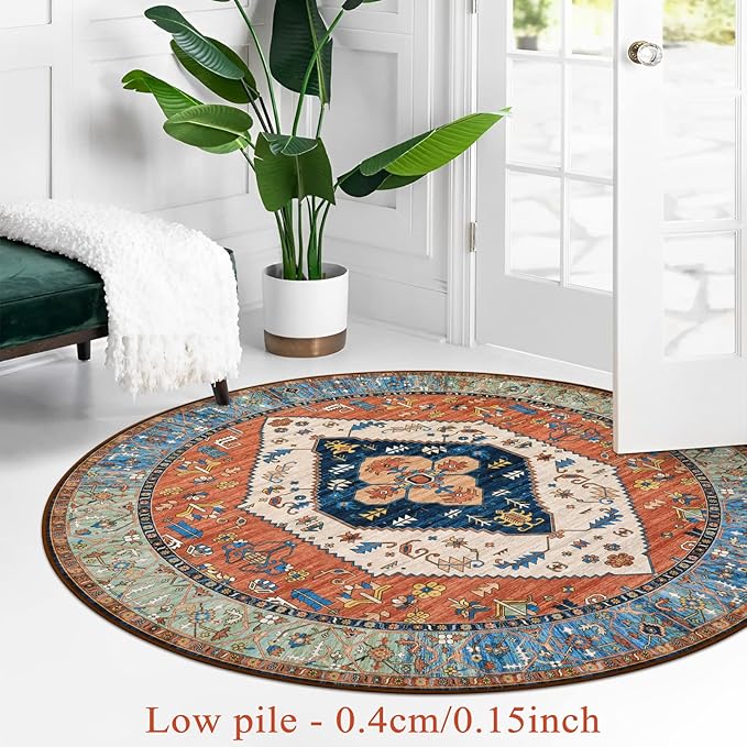Lahome Ultra-Thin Round Rugs - 6ft Washable Round Area Rugs for Living Room Non-Slip Throw Circle Rugs for Bedroom Dining Room Rug, Non-Shedding Office Rug Oriental Round Carpet for Bedroom Kitchen