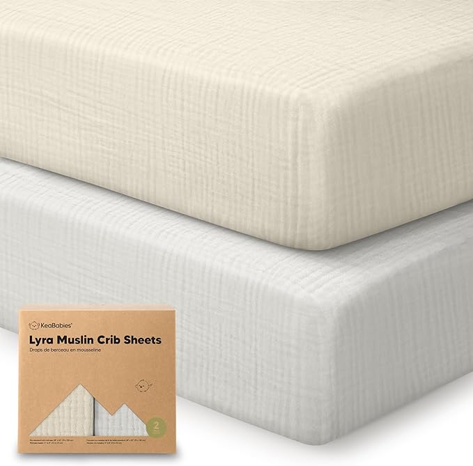 KeaBabies 2-Pack Muslin Crib Sheets for Boys, Girls - 100% Organic Cotton Fitted Baby Crib Mattress Sheet, Soft Breathable Standard Toddler Bed Cover Bedding Set, Neutral, Durable 52x28 (Greige)